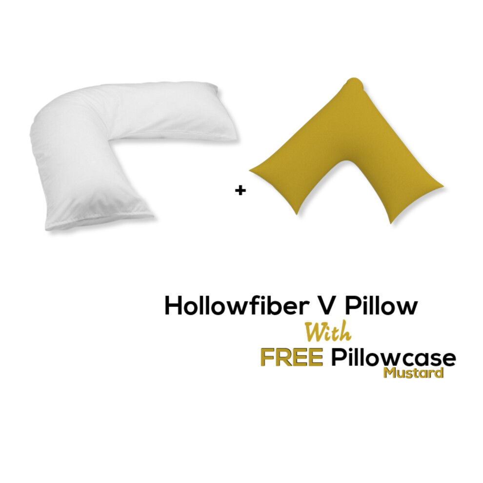(Mustard) V Pillow With Free V Pillowcase Polycotton Cover Orthopedic Neck & Back Support Chilimilii