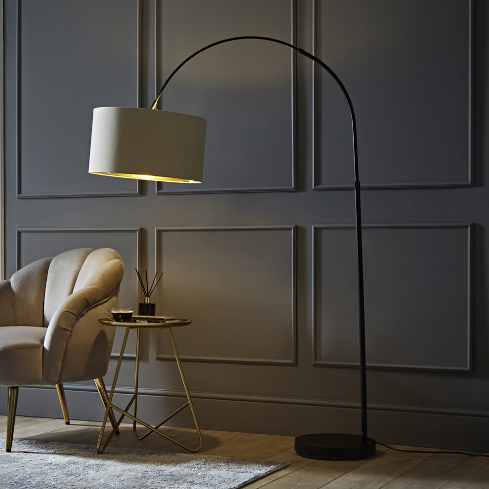 ValueLights Louis Beige & Gold Inner Shade Black Arched Floor Lamp