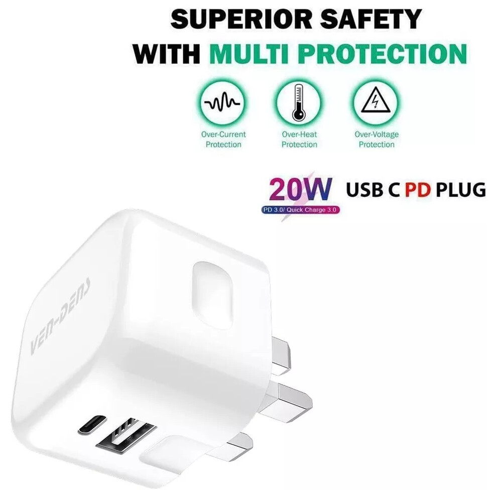 Ven-Dens 20W Dual USB and USB-C Plug | Dual USB Wall Charger