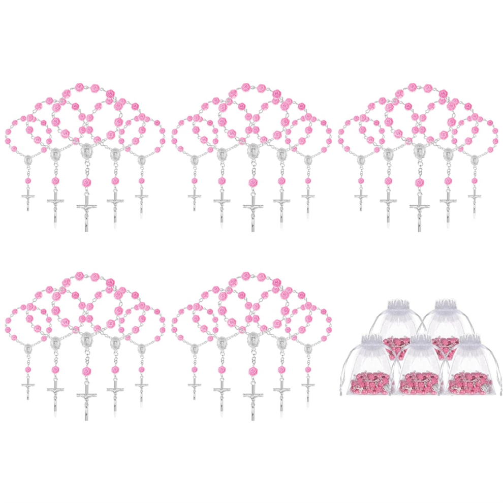 30 Pièces Chapelet de Baptême Mini Faveurs Chapelets au Doigt Perles en Forme Rose avec Organza