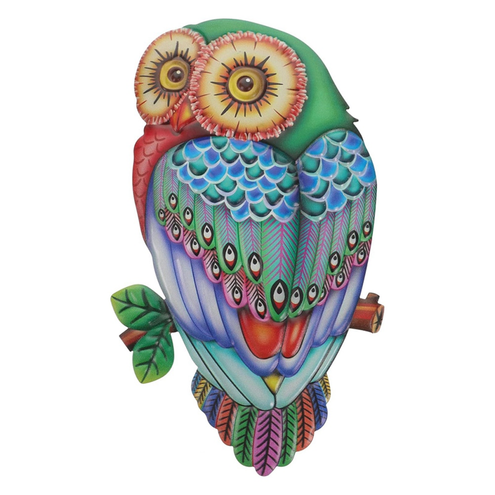 Décoration Murale en Métal Art Suspendu Oiseau Signe Mural Statue Hiboux Décor Coloré Hibou à B