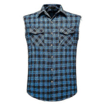 (M, Blue) Mens Casual Plaid Snap Shirt Sleeveless with Pocket