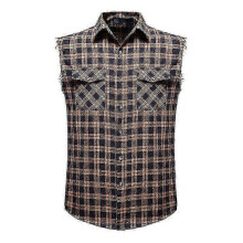 (2XL, Coffe) Mens Casual Plaid Snap Shirt Sleeveless with Pocket