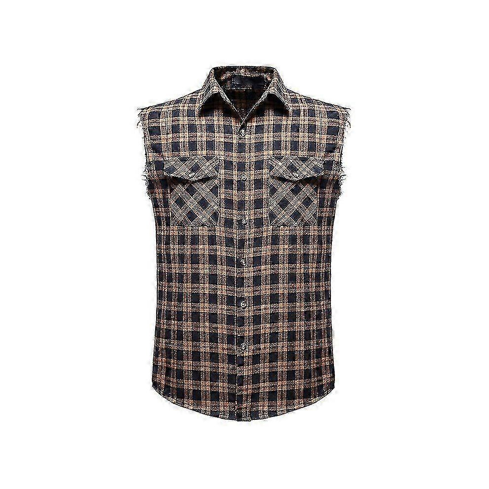 (2XL, Coffe) Mens Casual Plaid Snap Shirt Sleeveless with Pocket-image-OPC-PG8GZXR-NEW
