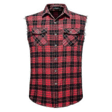 (XL, Red) Mens Casual Plaid Snap Shirt Sleeveless with Pocket