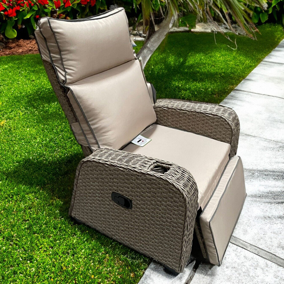 RATTAN RECLINER WICKER GARDEN OUTDOOR SUN LOUNGER LAZYBOY FURNITURE PATIO GREY