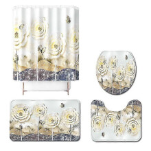 (As show, One size) 4pcs Painted And Printed Floor Mats With Embossed Plum Blossom Polyester Shower Curtain