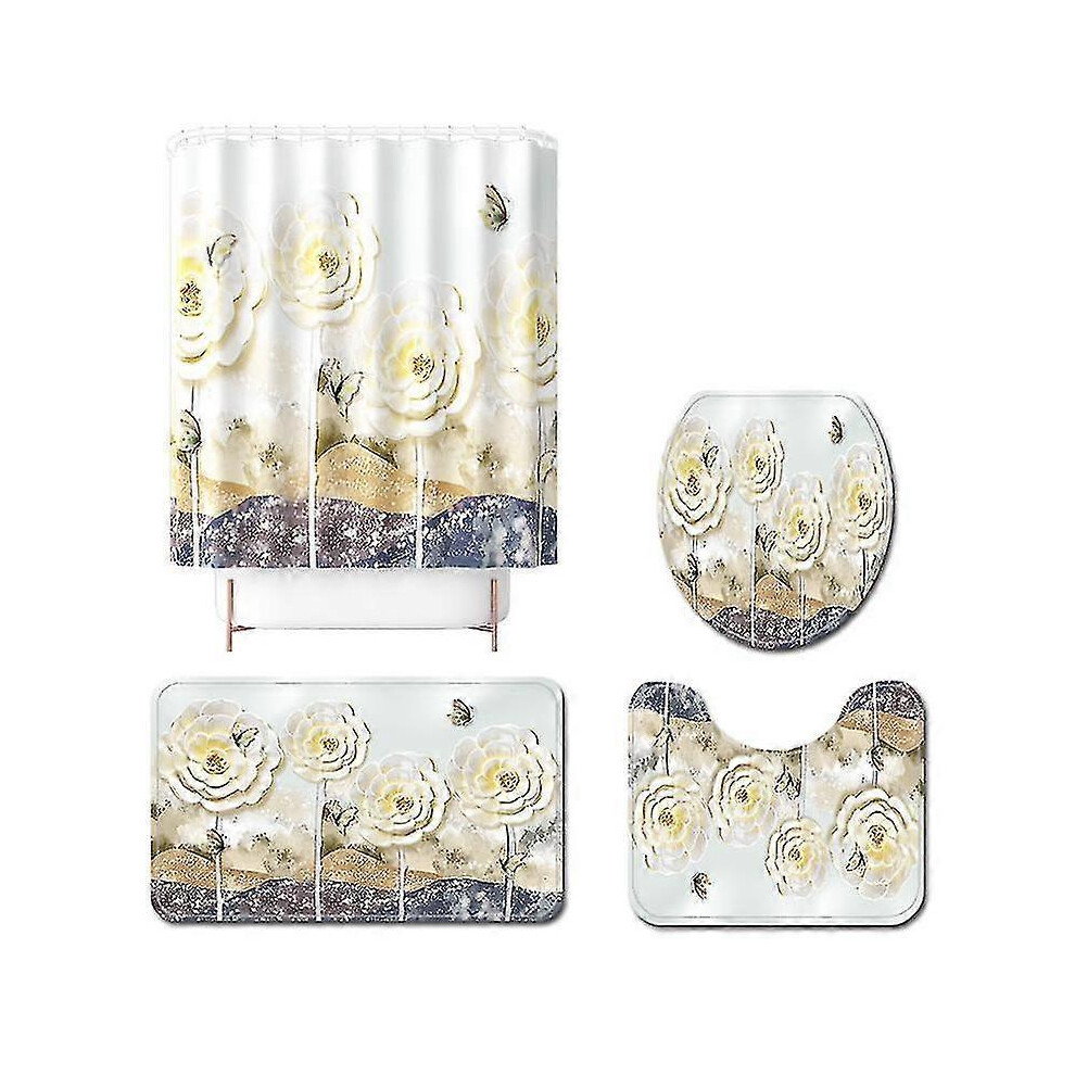 Wrezatro (As Show, One Size) 4Pcs Painted And Printed Floor Mats With Embossed Plum Blossom Polyester Shower Curtain