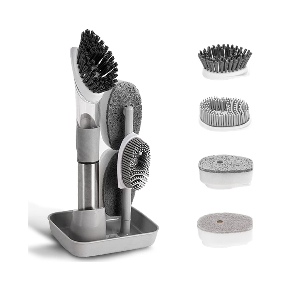 Soap Dispensing Dish Brush Set & 4 Replacement Heads Grey-image-OPC-PG8H6MP-NEW