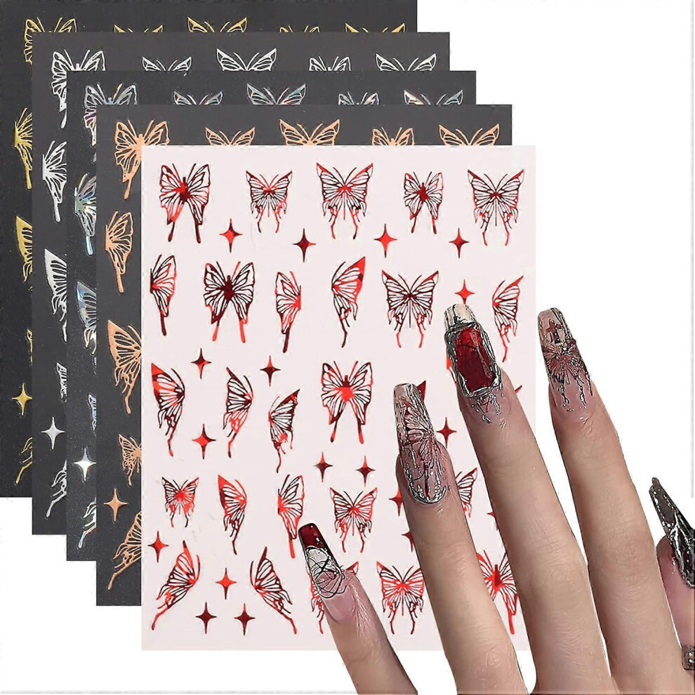 Konhill (As Show, One Size) Liquid Butterfly Nail Stickers For Nail Art Supplies, Self Adhesive Nail Art Stickers With Colorful Laser Metallic Designs 3D Deca