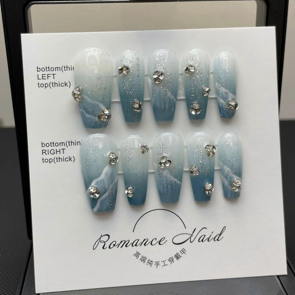 Konhill (As Show, One Size) Long Coffin Handmade Pink False Nails Rhinestone Glitter Gradient Fake Nails With Design 3D Crystal Metallic Press On Nails Glossy