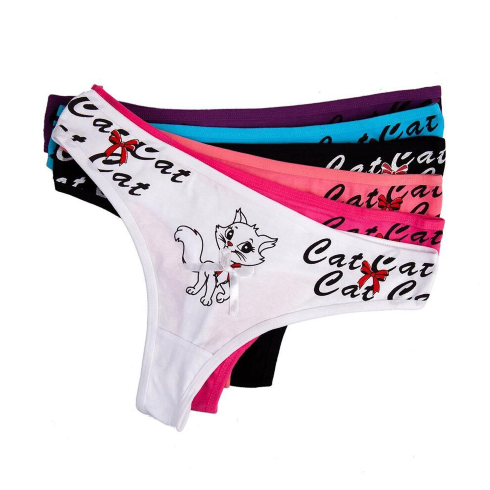 (multicolor, L) Sexy G-string Cartoon Kitty Print Thong Kawaii Cat Girls Panties Women Bikini T-back 6 Pcs/set