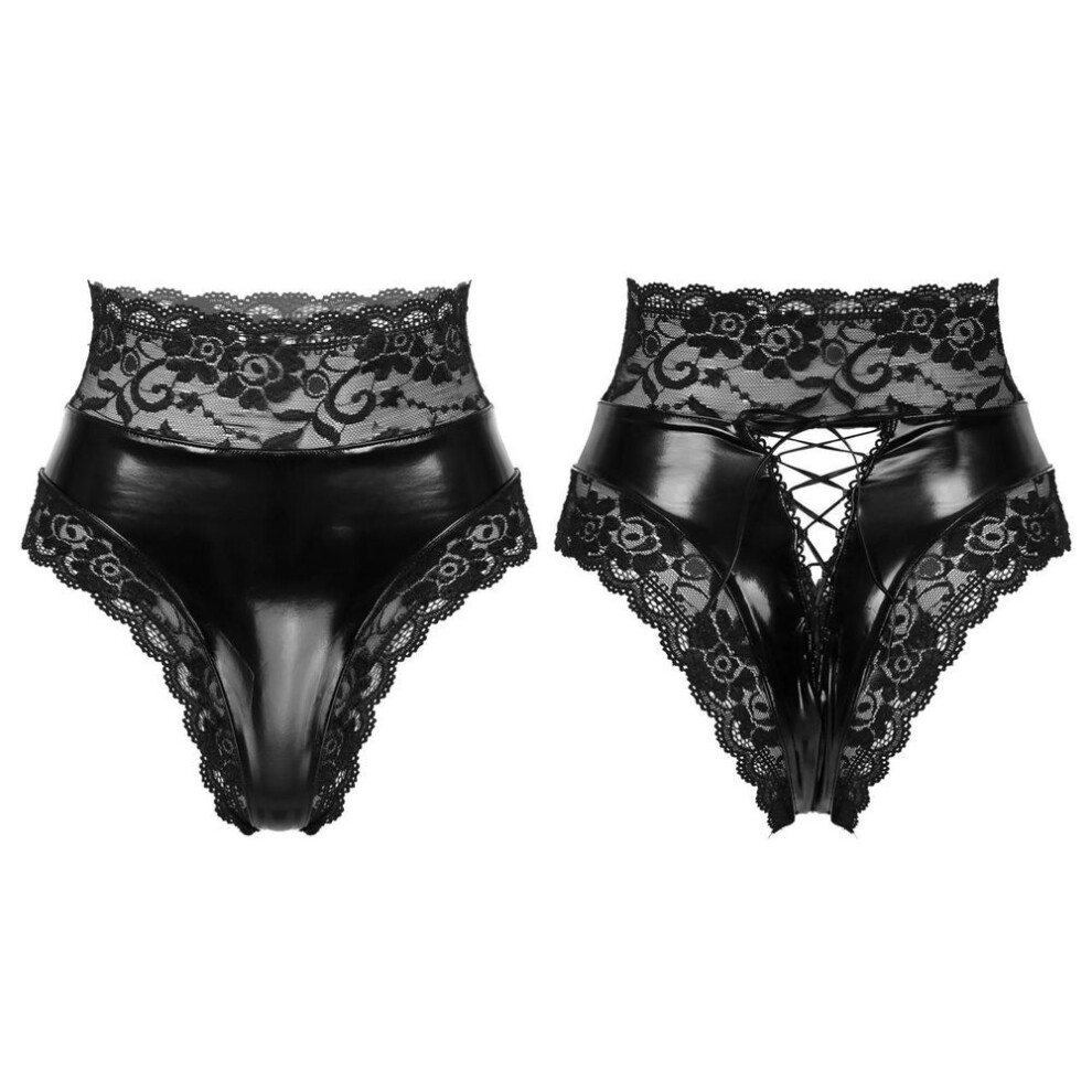 (black, XXL) Women Sexy Lingerie Panties High Waist Underpants Leather Latex PVC Briefs Shorts Knickers Lace-up Back Underwear