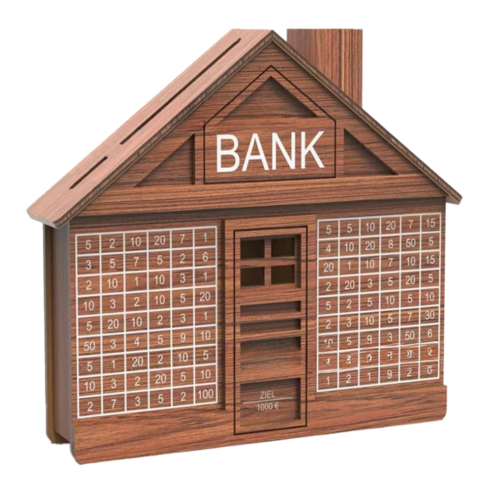 Tirelire en Bois Forme de Maison avec Comptoir, Artisanat Bois, BoîTe D'éConomie D'Argent, Banque PièCes Portable, Argent Marron 1000