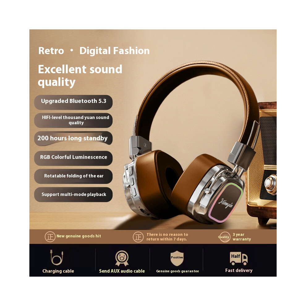 (Brown letters) 2025 new retro wireless head-mounted Bluetooth headset mini plug-in card heavy bass e-sports noise reduction suitable-image-OPC-PG8HDM5-NEW
