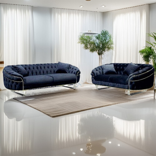 MN Furniture (Black ) MN FURNITURE Chesterfield Plush Velvet 3+2 Sofa Set Chrome Legs 2