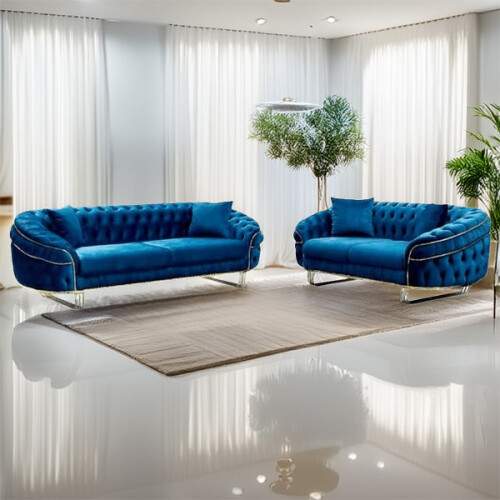 MN Furniture (Blue) MN FURNITURE Chesterfield Plush Velvet 3+2 Sofa Set Chrome Legs 2
