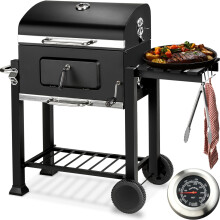 BBQ Charcoal Grill Black Garden Outdoor Barbecue Smoker Wheels Thermometer
