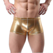 (L, Gold) Sexy Men's Underwear Boxer Shorts Faux Leather Patent Leather Sexy Boxers