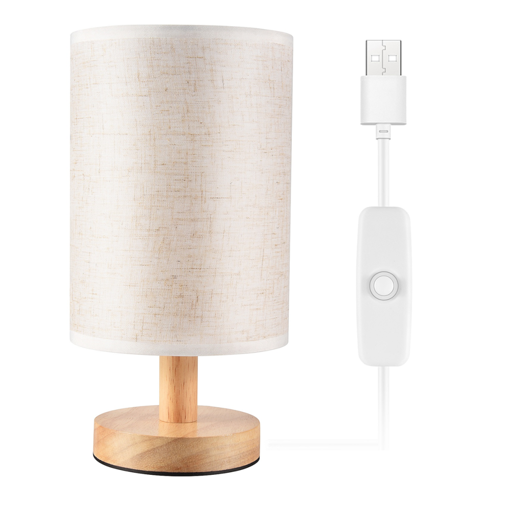 Lampe de chevet ronde DC5V avec abat-jour en tissu et bois massif pour chambre ? coucher, salon, bureau moderne