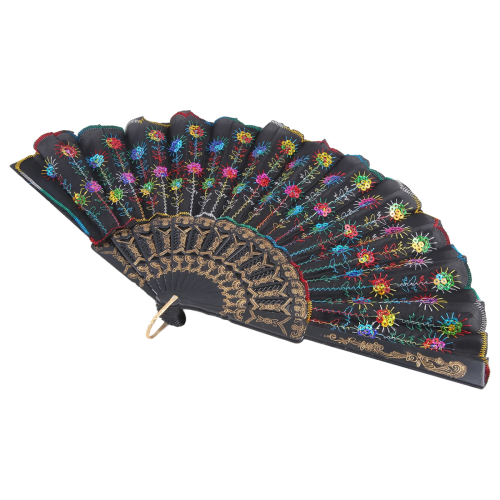 (R) Colored Embroidered Flower Pattern Black Cloth Folding Hand Fan for Woman 2