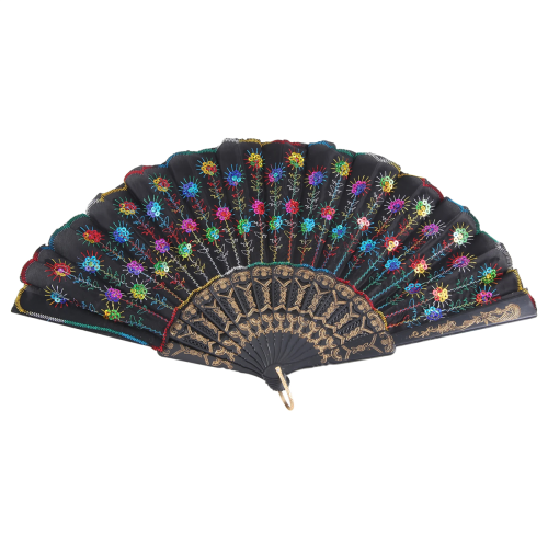 (R) Colored Embroidered Flower Pattern Black Cloth Folding Hand Fan for Woman