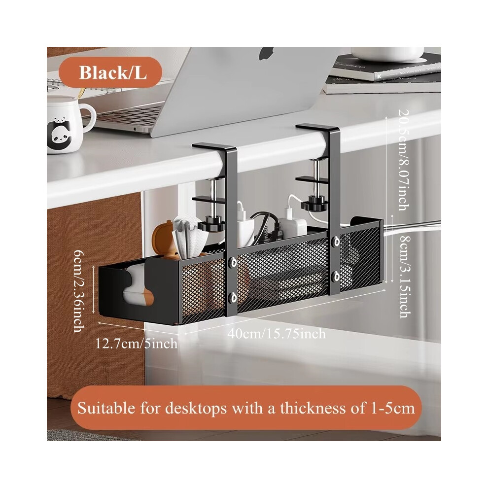 (Black 40cm) No Drilling Extendable Under Desk Cable Management Metal Cable Tray Under Desk