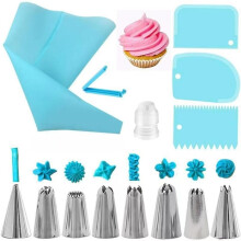 (F07-14Blue) Silicone Piping Bags and Tips Set Cake DIY Decorating Kit with Stainless Steel Nozzle Reusable