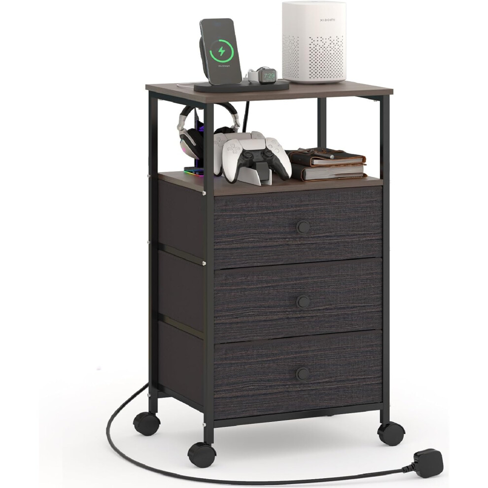 (Walnut-with Plug) Chest of drawers with charging station, nightstand with 3 drawers, bedroom fabric dressing table