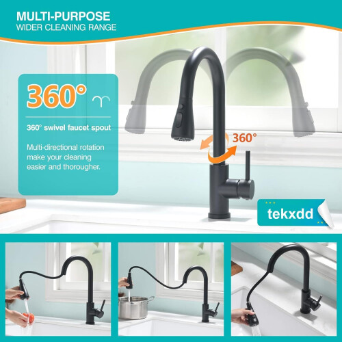 (Black) Kitchen sink mixer tap with pull down spray, chrome, single handle high arc pull out kitchen faucet 1