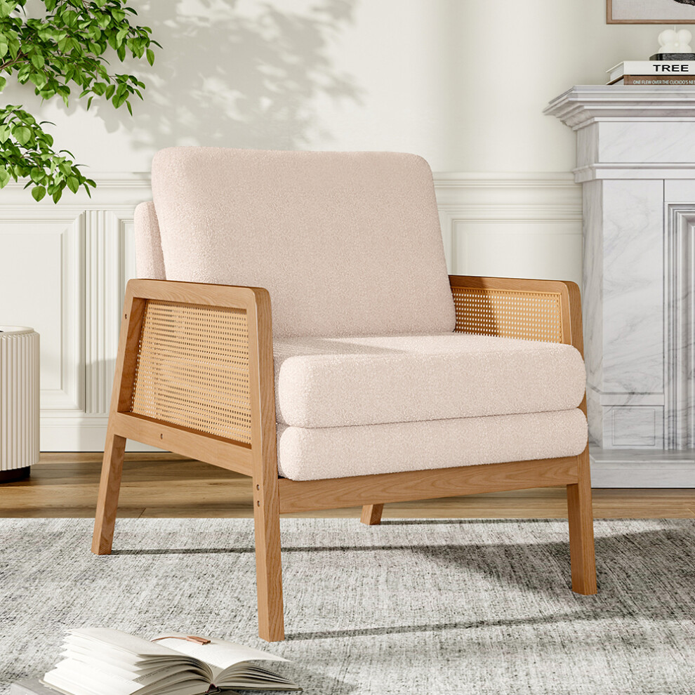 White Teddy Fur Rattan Armrest Sofa Cushioned Armchair