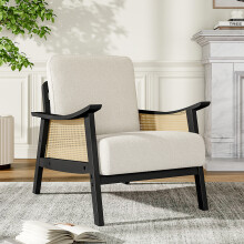 White Teddy Fur Rattan Armrest Sofa Cushioned Armchair with Dark Leg