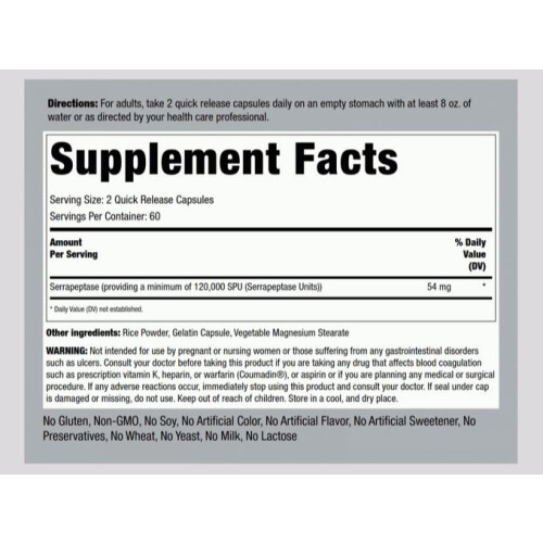 PIPING ROCK Serrapeptase, 120,000 SPU, 120 Quick Release Capsules 1