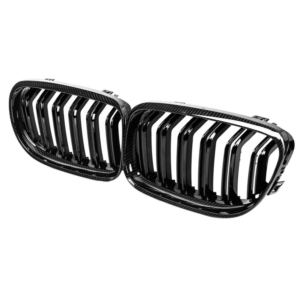 Car Carbon Fiber Glossy Double Slat Front Kidney Grille Grill For E90 E91 3 Series 2009-2011 Black 4851337827145