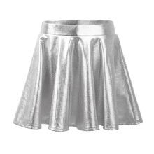 (10, Silver) Kids Girls Glossy Metallic Flared Pleated A-Line Mini Skater Skort Dance Skirts Athletic Shiny Scooter Skirt with High Waistband