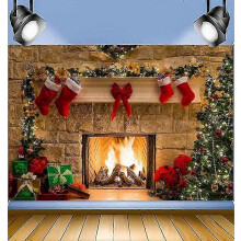 (As show, One size) Christmas Photography Backdrop Fireplace Xmas Tree Family Portrait Photoshoot Baby Photo Background Studio Festival Decor Banner