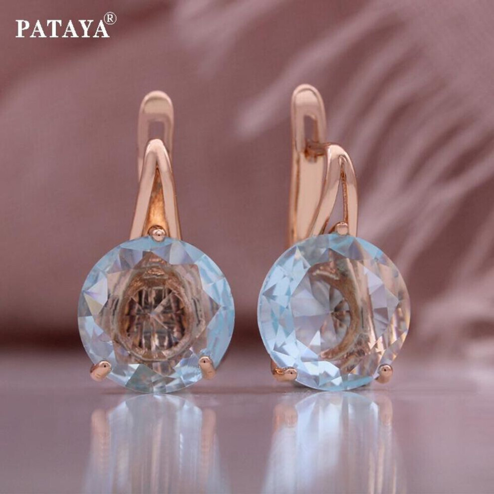 Pataya  585 Rose Gold Color Inlaid Blue Color Round Artificial Zircon Earrings