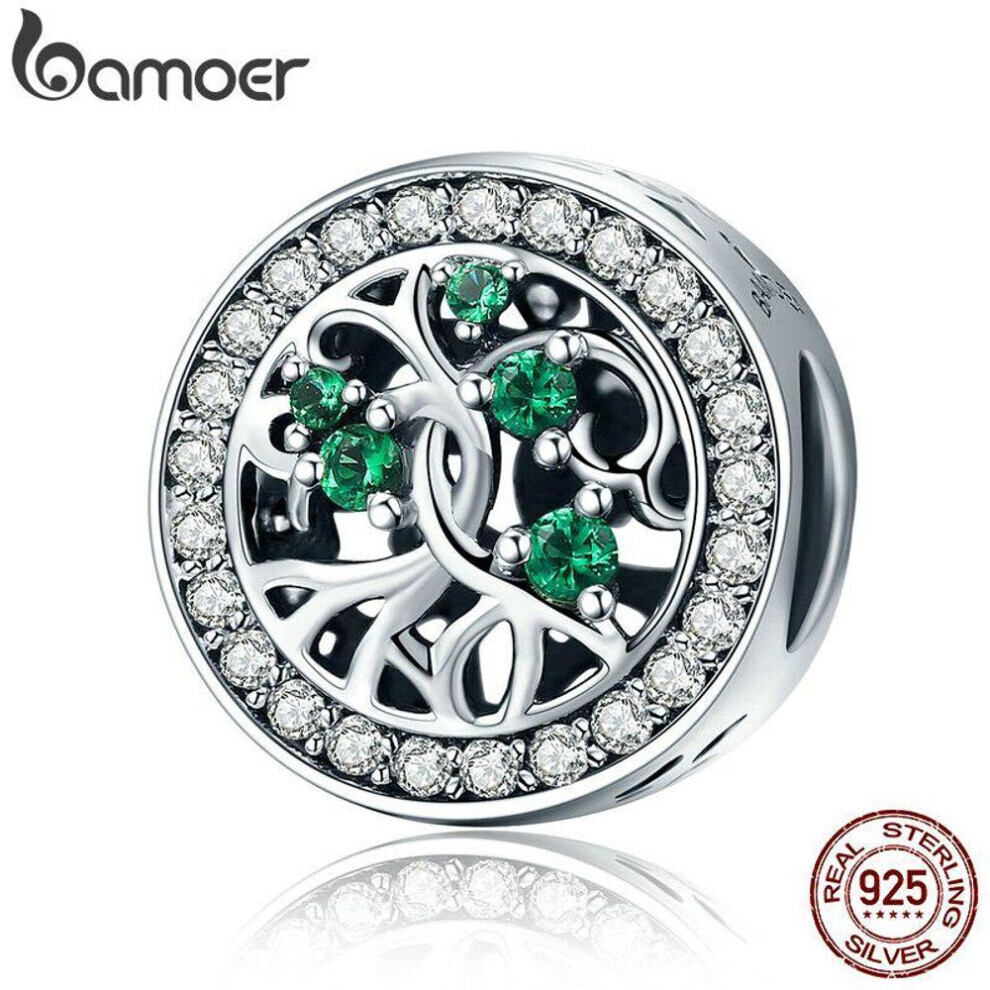 Bamoer Genuine 925 Sterling Silver Tree Of Life Beads Green Cz Charm Fit Women Bracelets