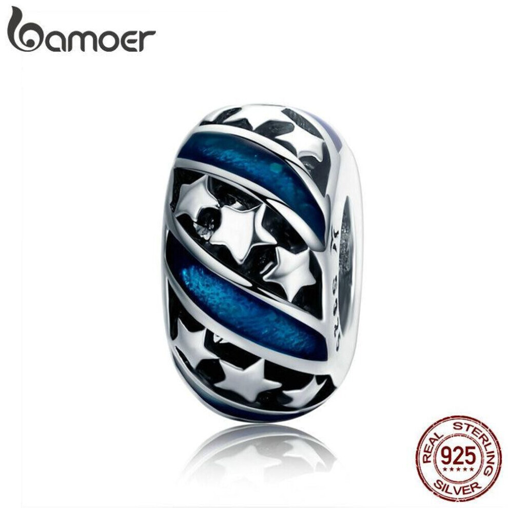 Maxpower Bamoer Genuine 925 Sterling Silver Sparkling Star Blue Enamel Spacer Beads Fit Women Bracelet Blue,Silver