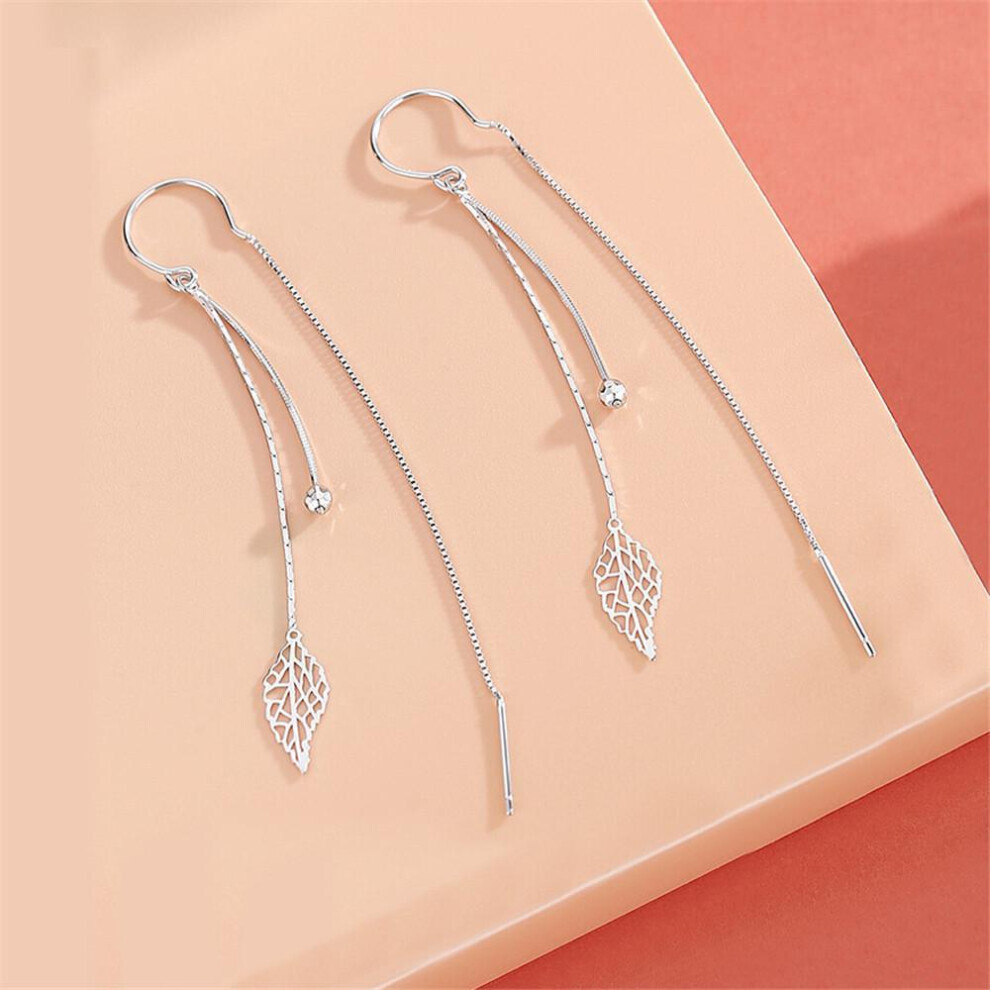 Maxpower S925 Hollow Leaves Earrings For Women Temperament Long Tassel Tea Ear Chain Earring Super Fairy Jewelry Silver