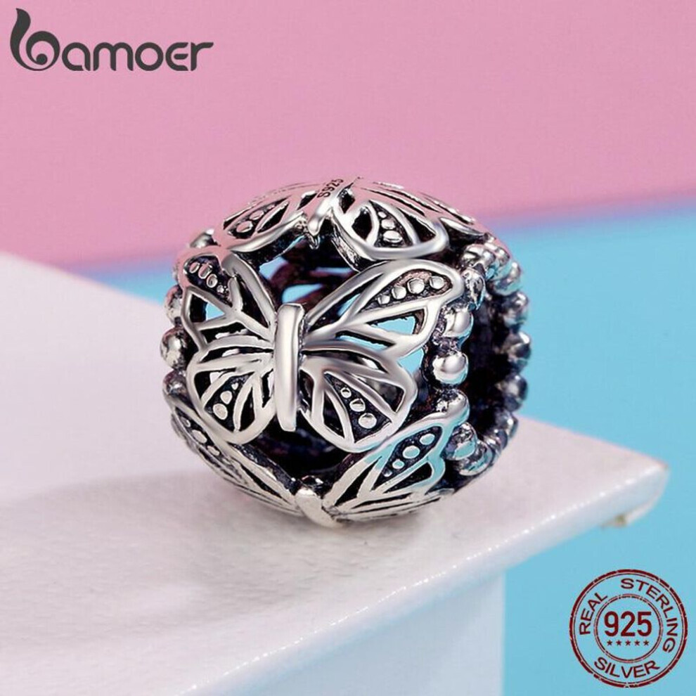Bamoer 925 Sterling Silver Classical Retro Butterfly Round Charm Beads Fit Original Bracelet