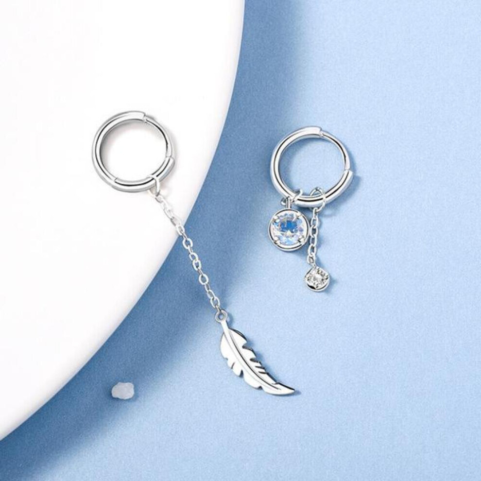 S925 Silver Asymmetric Moonstone Feather Earrings for Women Personality Tassel Ear Line Ear Buckle Luxury Jewelry