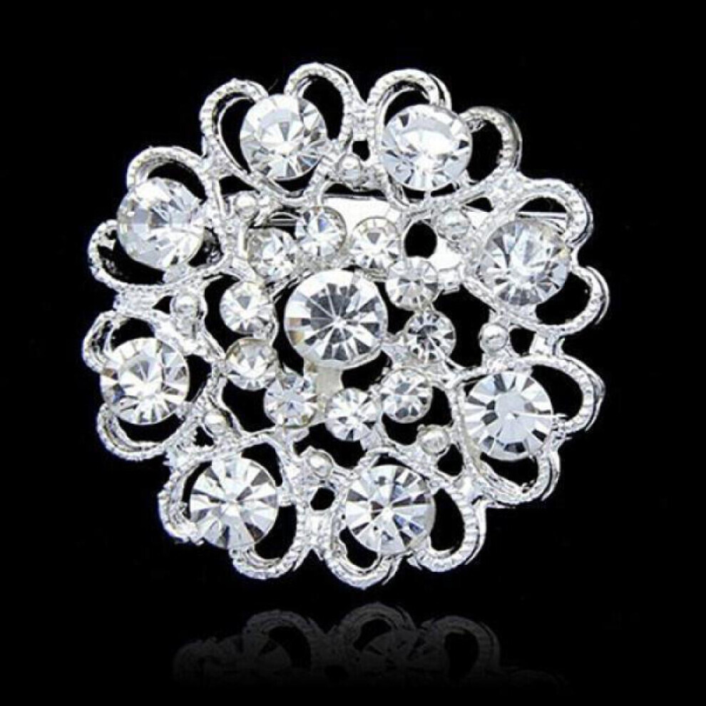 Rhinestone Crystal Brooch Hollow Out Collar Pin Silver Plated Flower Jewelry