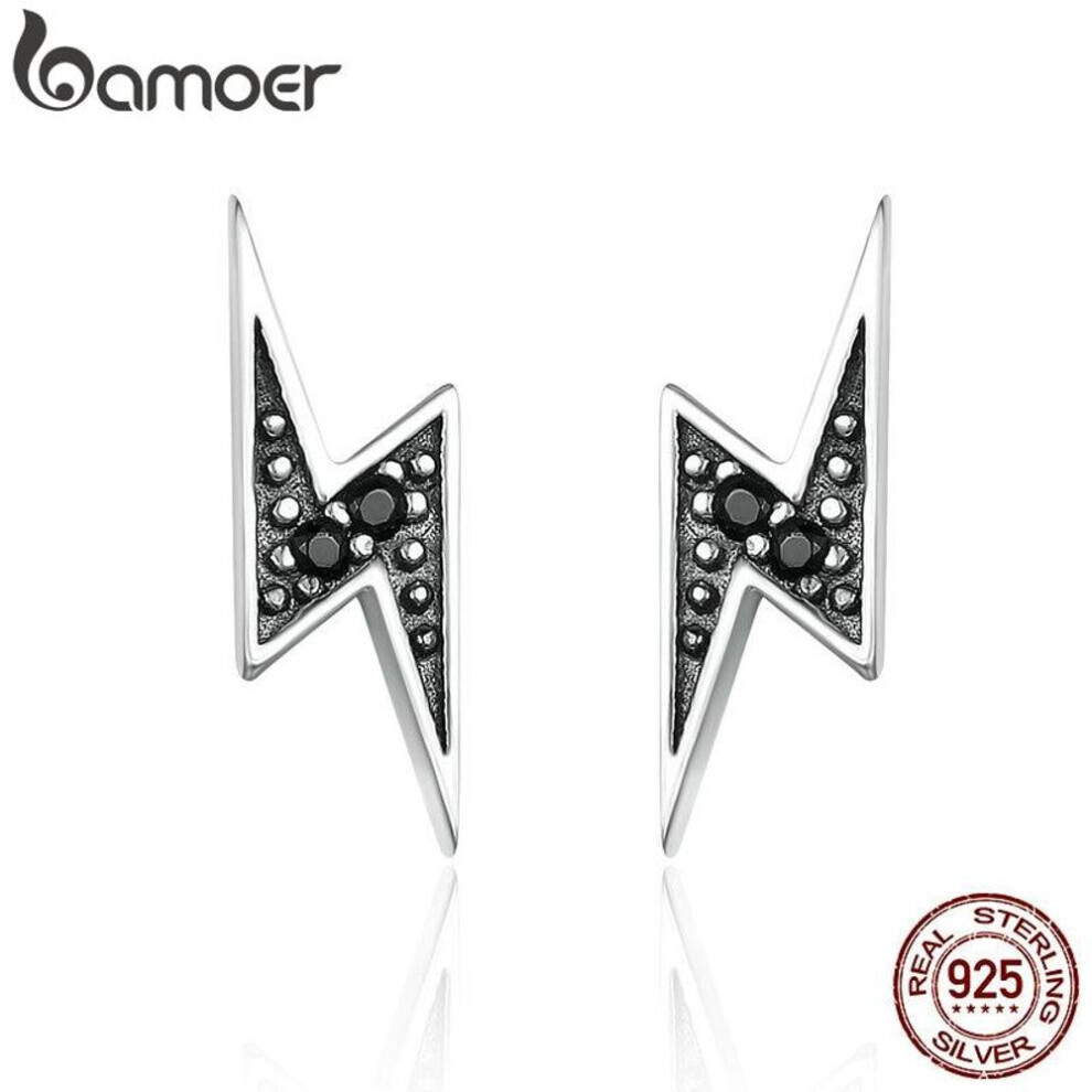Maxpower Bamoer New Arrival 100% 925 Sterling Silver Exquisite Lightning & Black Cz Stud Earrings Black,Silver