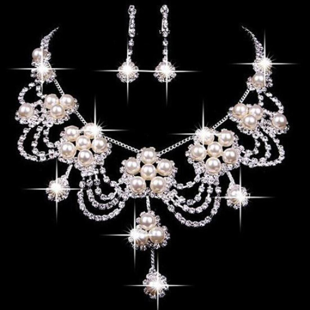Women&apos;s Luxury Rhinestone Faux Pearl Necklace Earring Wedding Bridal Jewelry Set