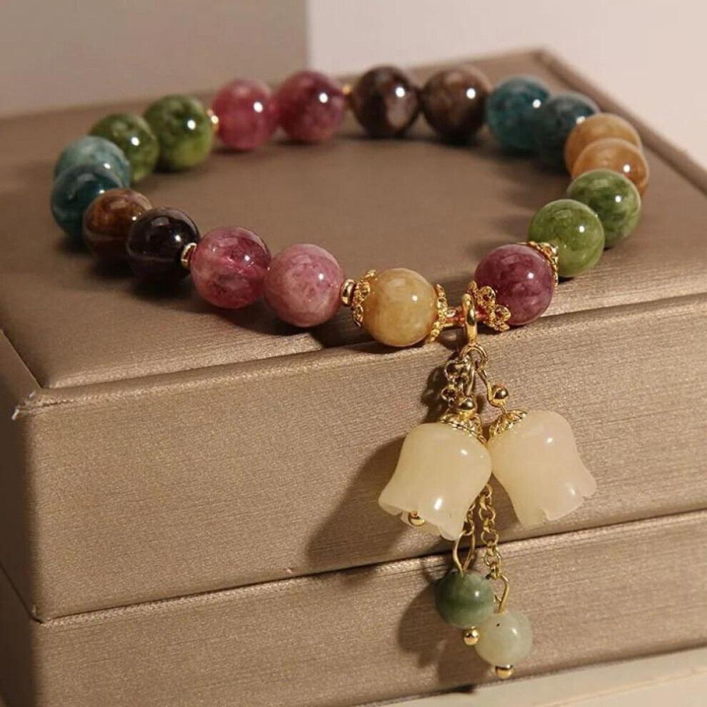 Fashion Natural Color Tourmaline Crystal Bracelets Women&apos;s Light Luxury Orchid Pendant Beaded Bracelet Birthday Party Jewelry