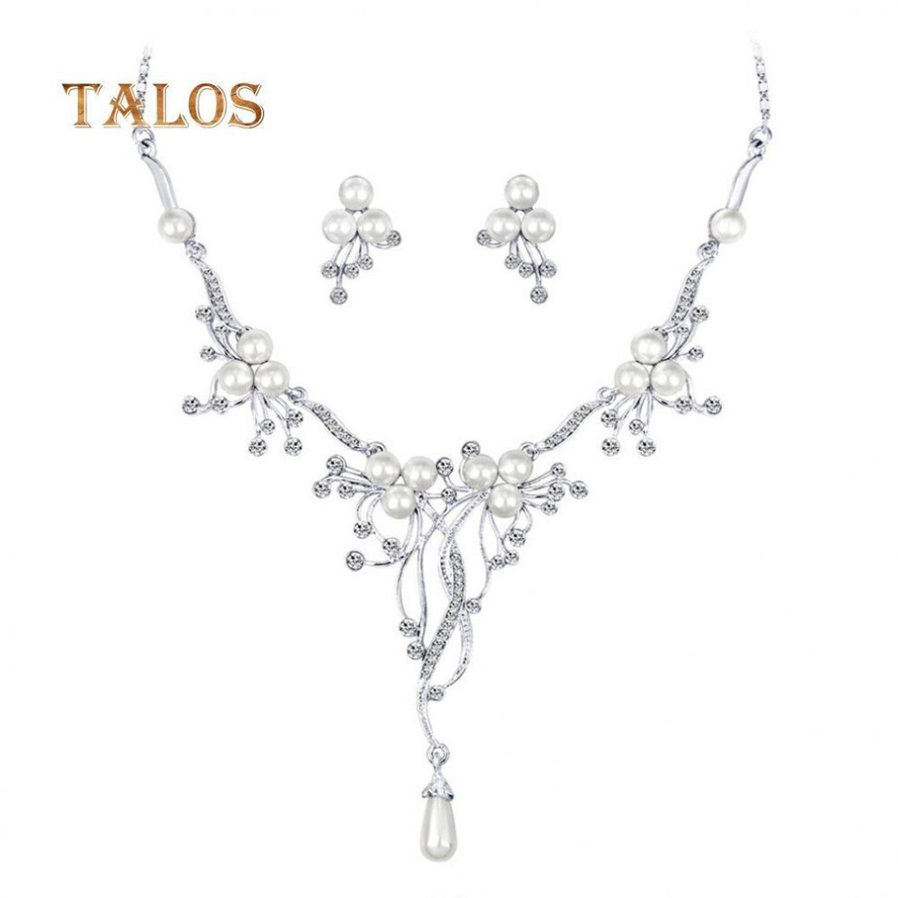 Maxpower Talos Crystal Stone Faux Pearl Flower Necklace Earrings Women Wedding Jewelry Set