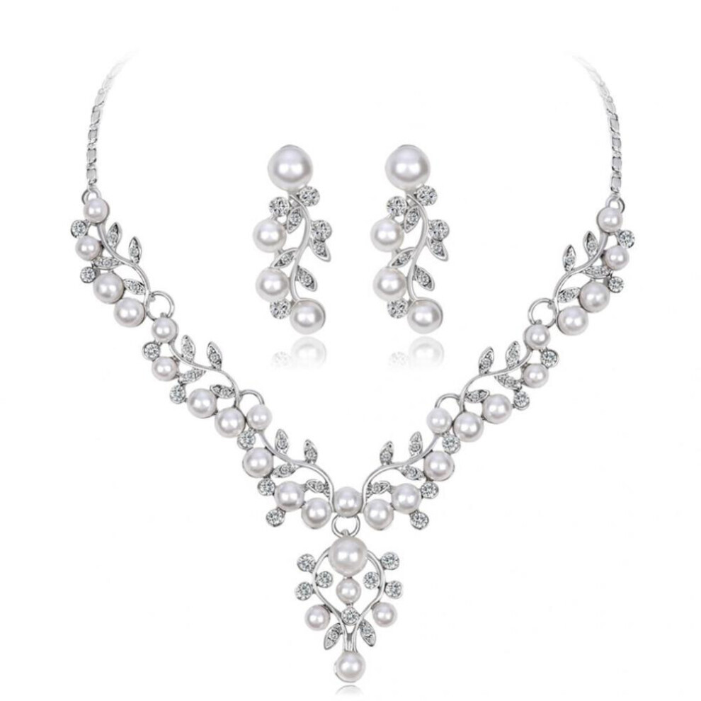 Women Elegant Faux Pearl Rhinestone Leaves Necklace Earrings Wedding Jewelry Set