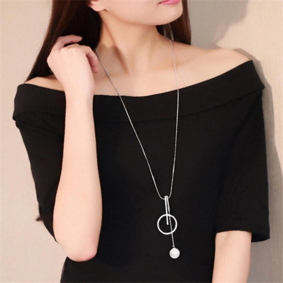 Women Circle Bar Pendant Sweater Chain Necklace