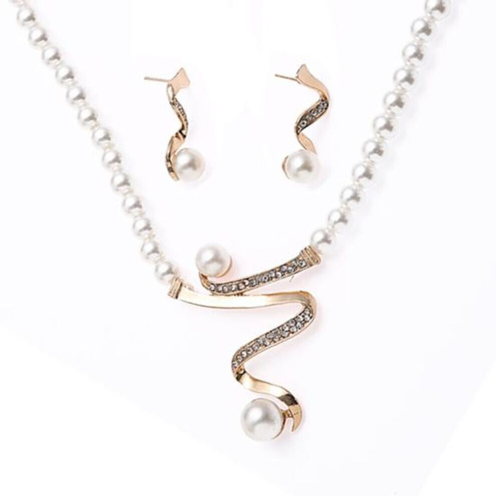 Rhinestone Faux Pearl Beaded Necklace Stud Earrings Bridal Wedding Jewelry Set